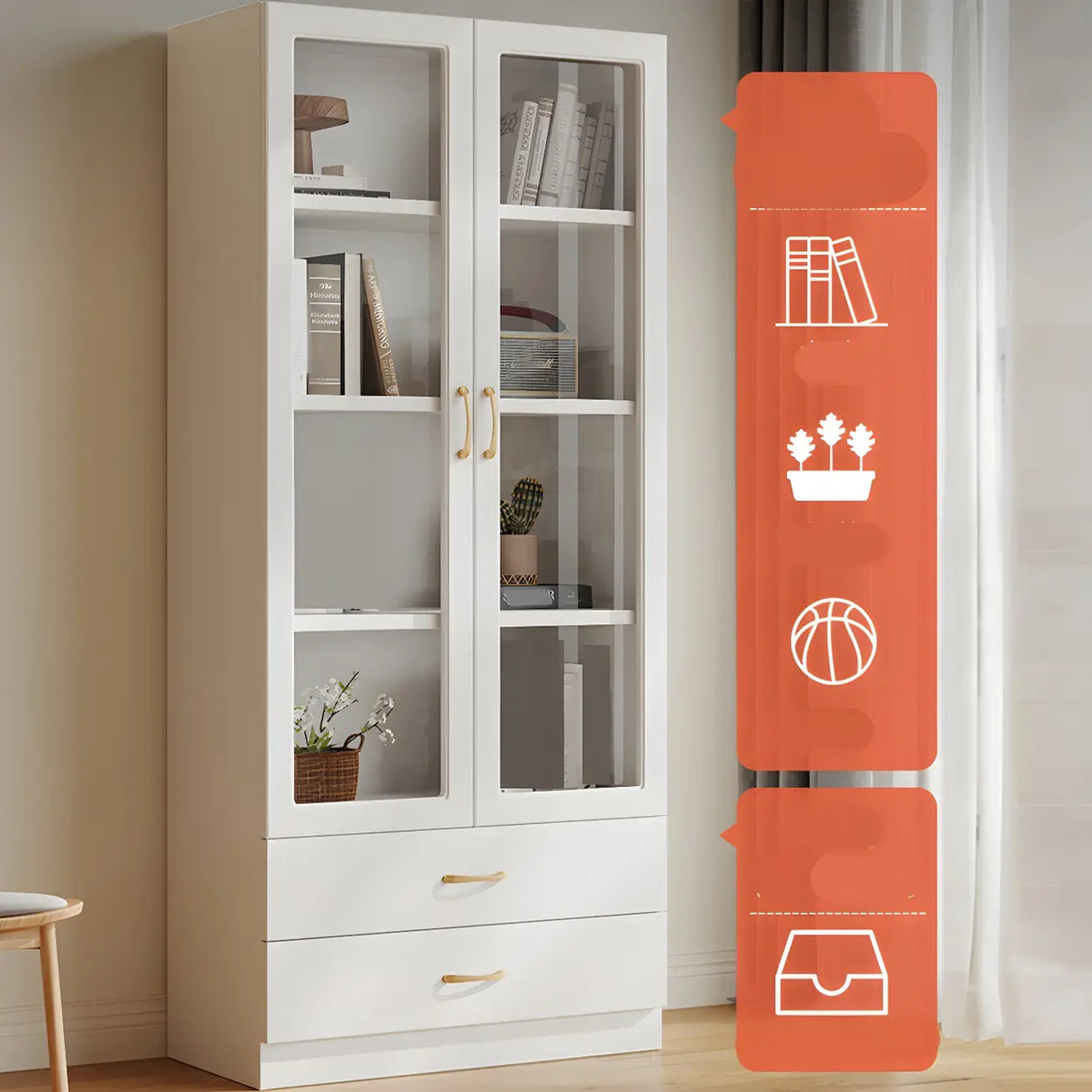 Transparent Glass Door Wooden Cabinet Storage Bookcase Image - 4