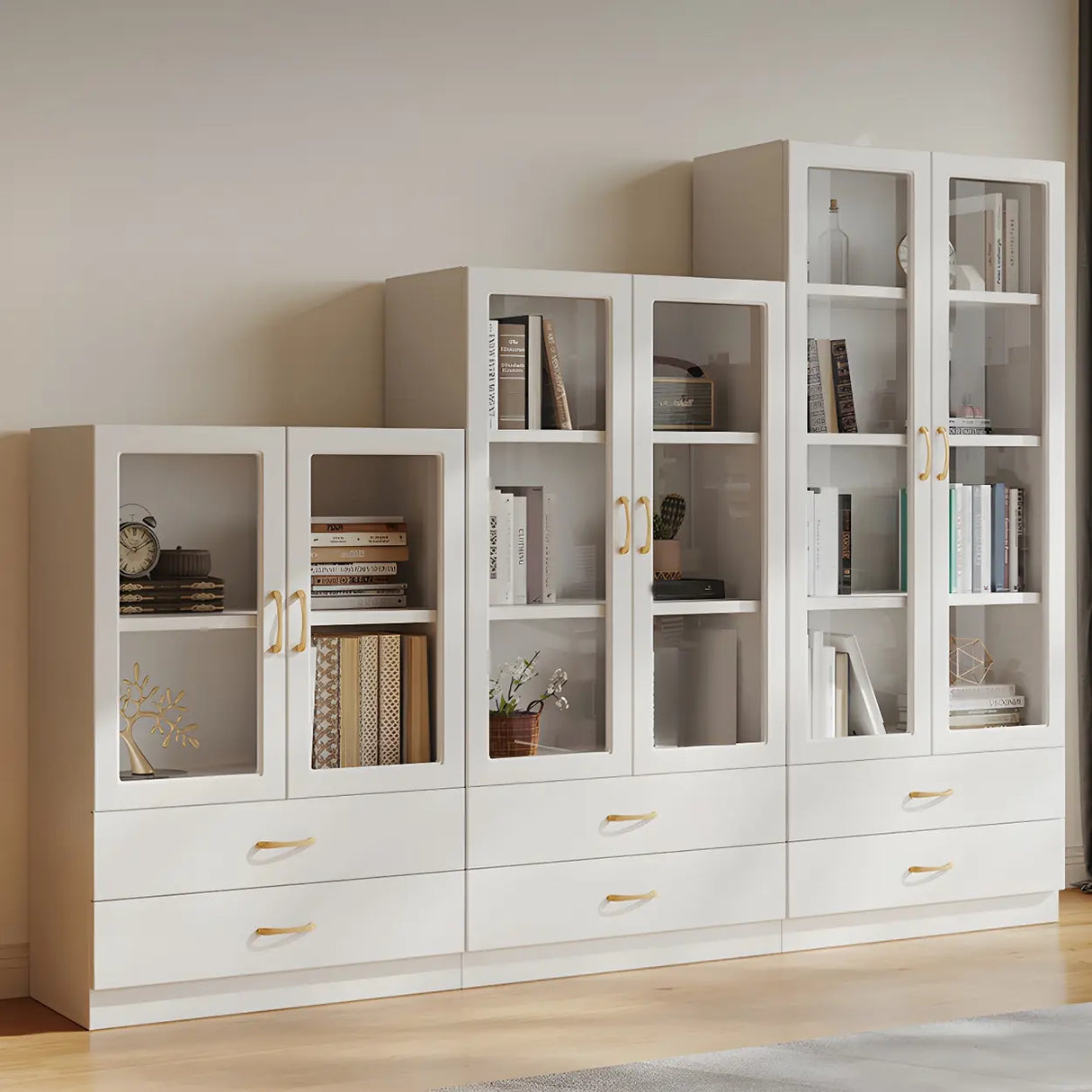 Transparent Glass Door Wooden Cabinet Storage Bookcase Image - 5