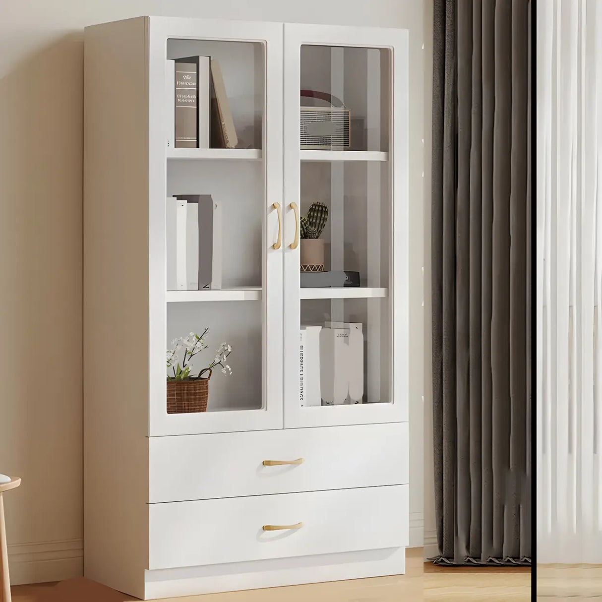 Transparent Glass Door Wooden Cabinet Storage Bookcase Image - 10
