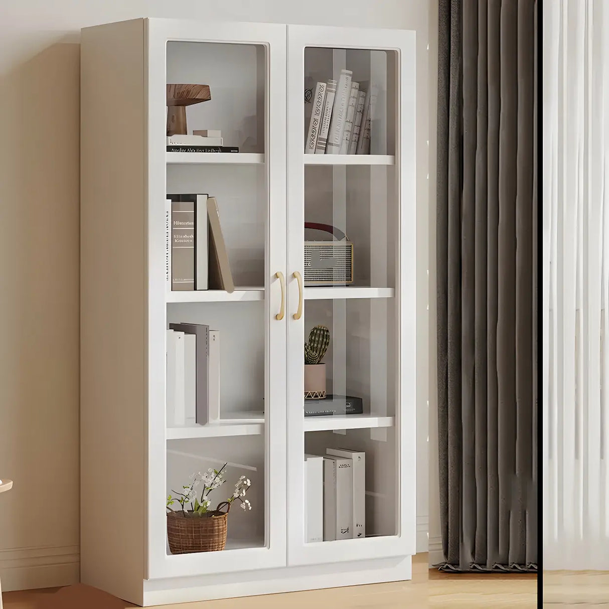Transparent Glass Door Wooden Cabinet Storage Bookcase Image - 11