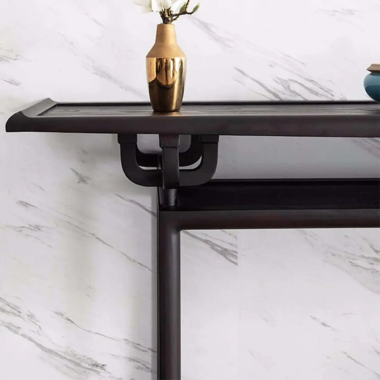 Tray Top Black Wood Storage Console Table with Shelf Image - 7