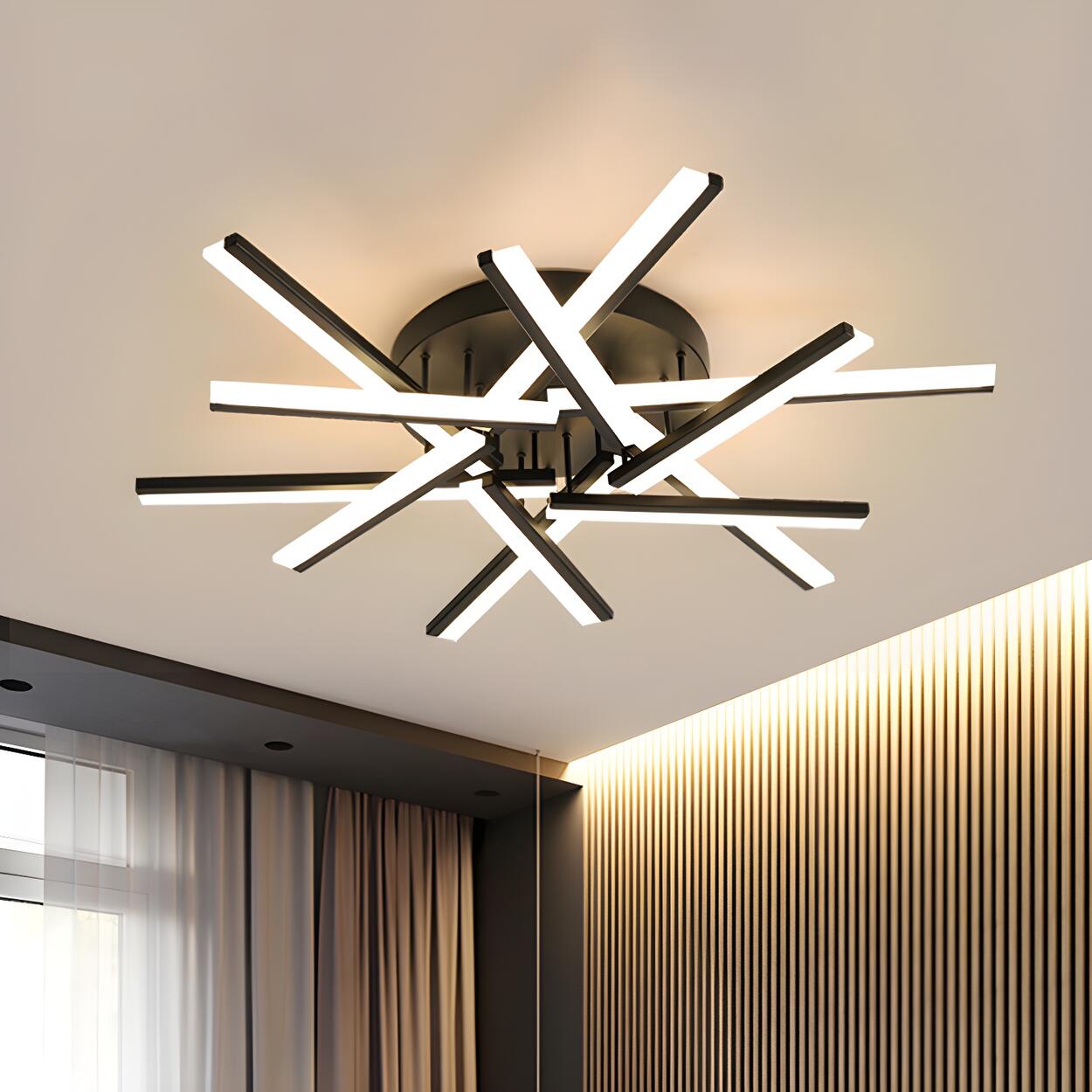 Trendy black crossed rods LED flush mount ceiling light for modern interiors