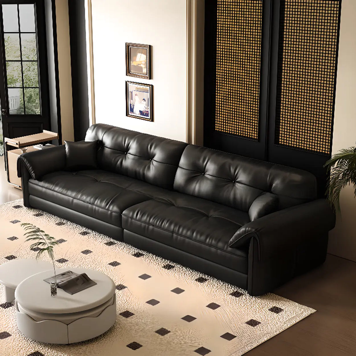 Trendy Black Full Grain Cow Leather Tufted Back Sofa Image - 4