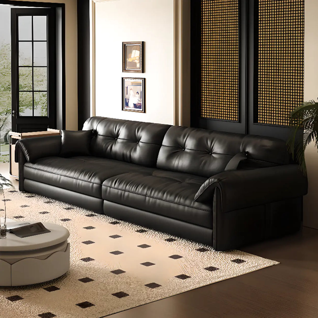 Trendy Black Full Grain Cow Leather Tufted Back Sofa Image - 6