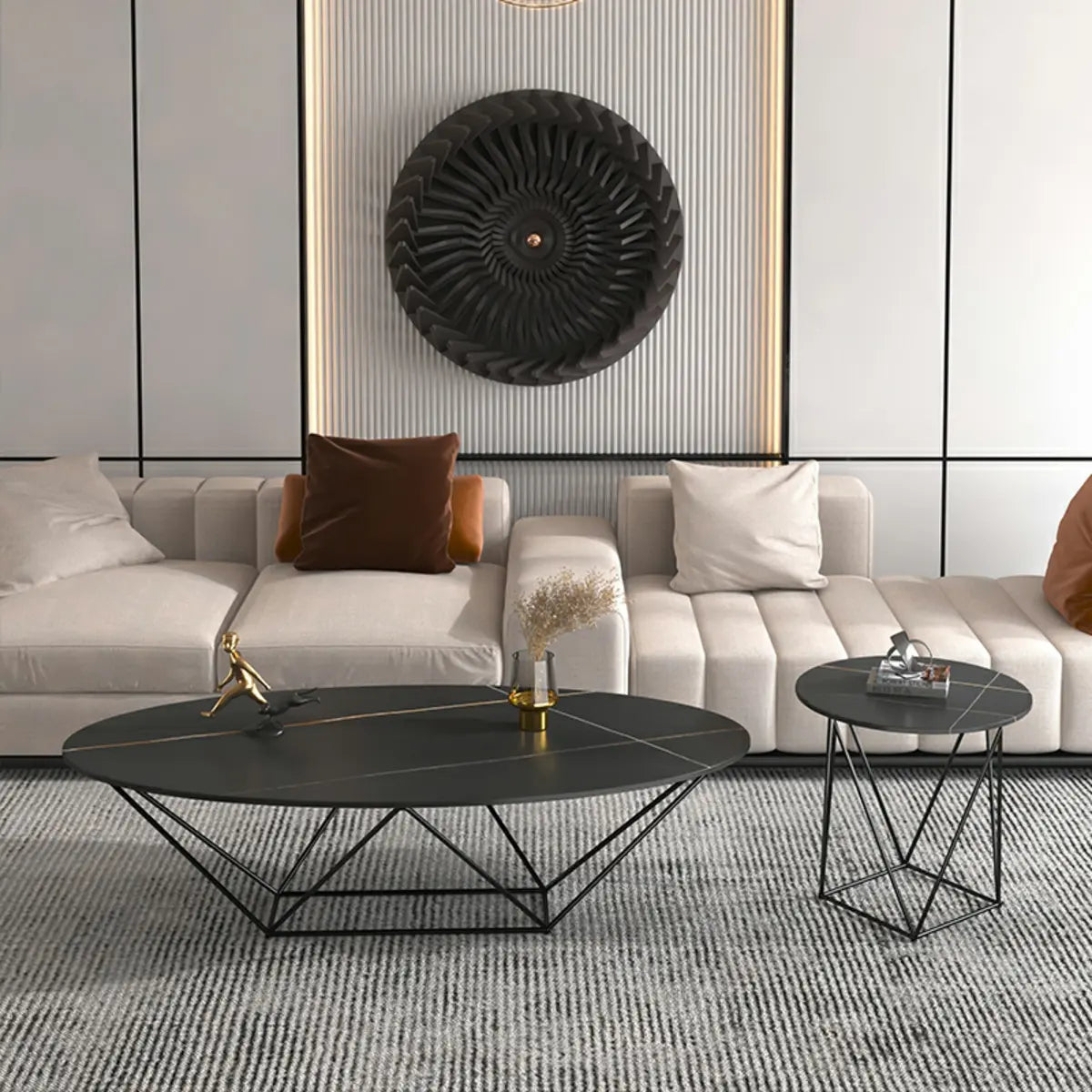 Trendy Black Stone Oval Iron Frame Nesting Coffee Table Image - 1