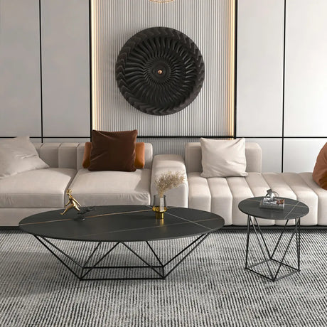 Trendy Black Stone Oval Iron Frame Nesting Coffee Table Image - 1