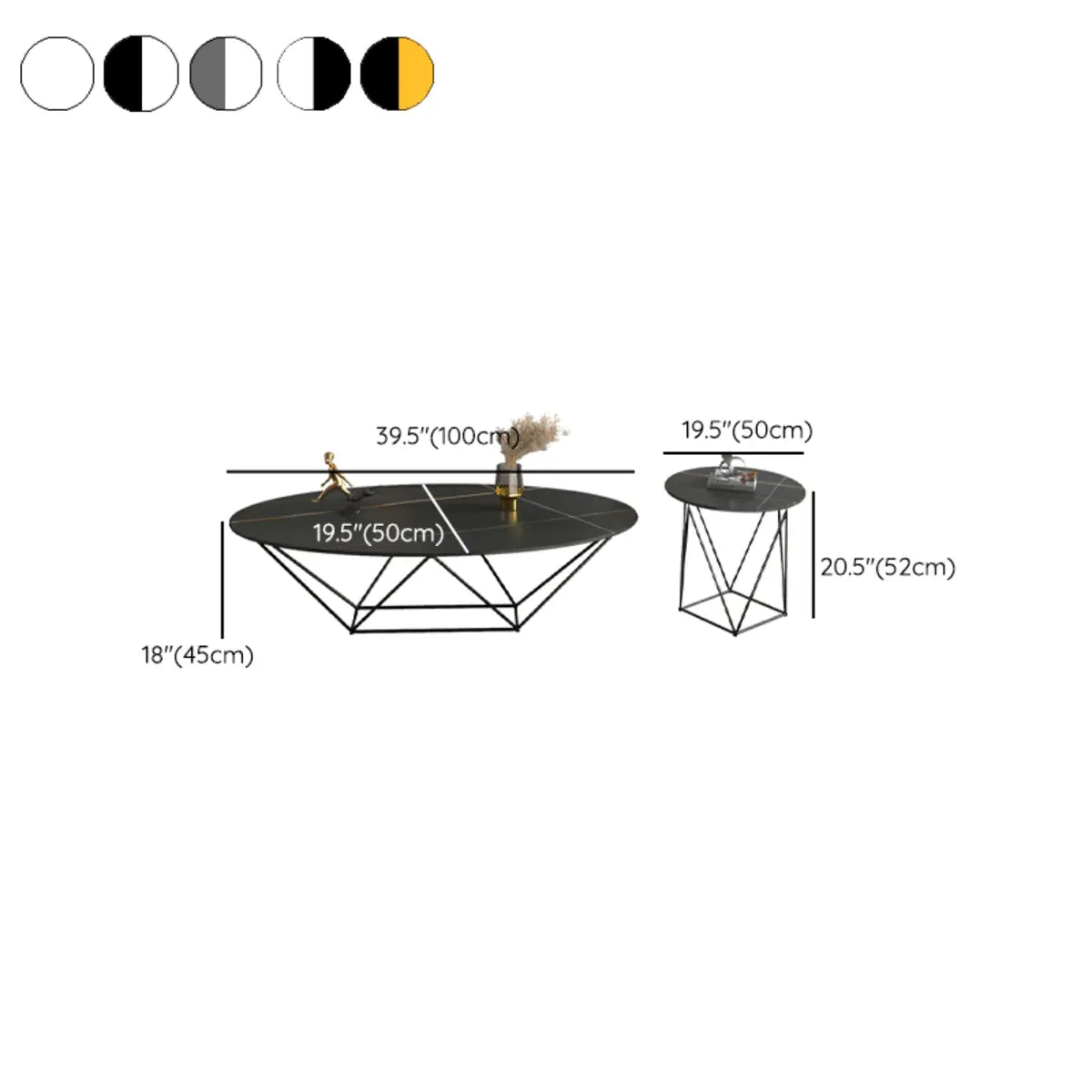 Trendy Black Stone Oval Iron Frame Nesting Coffee Table 