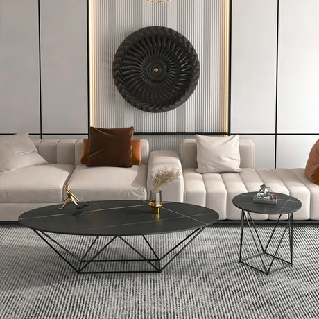 Trendy Black Stone Oval Iron Frame Nesting Coffee Table Image - 2