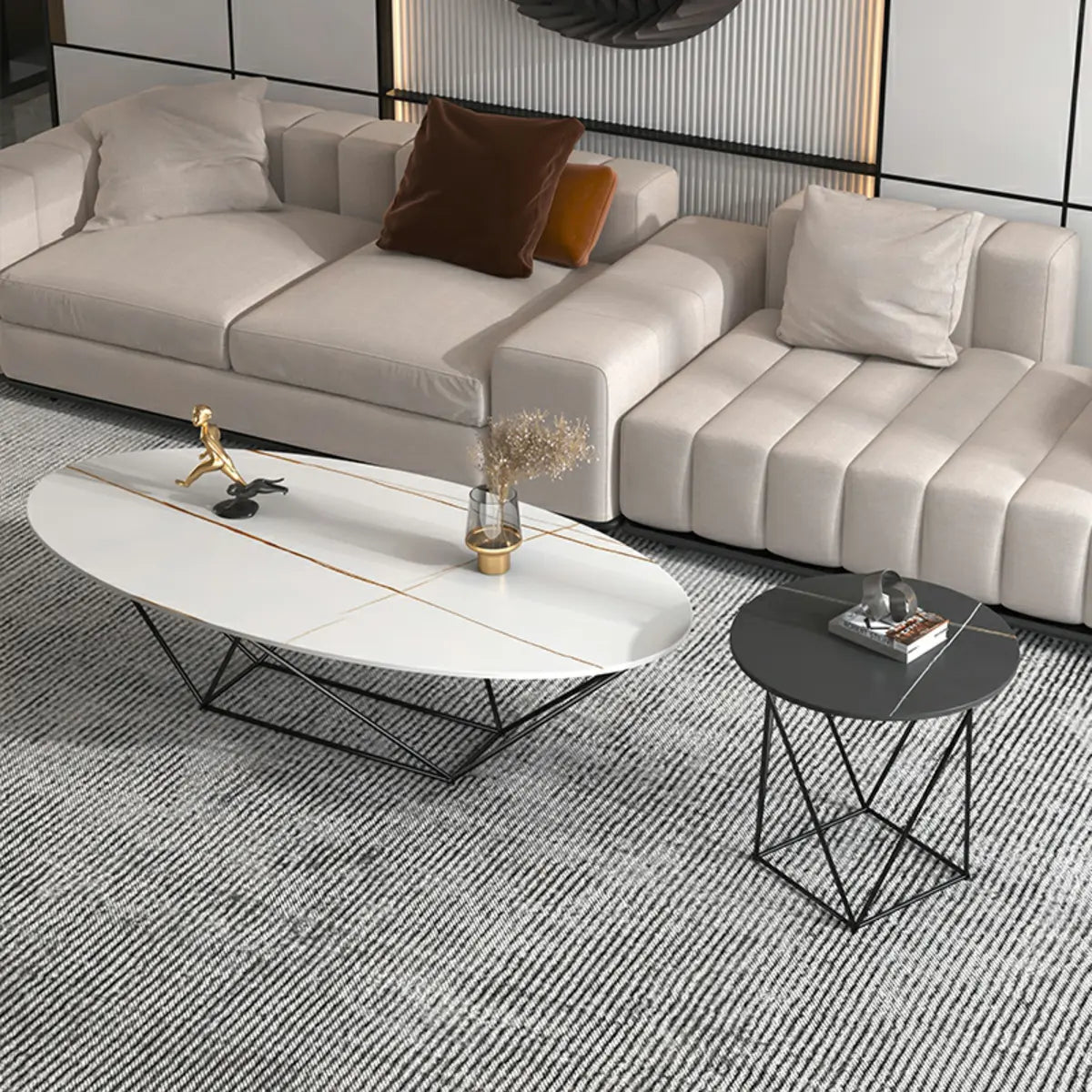 Trendy Black Stone Oval Iron Frame Nesting Coffee Table Image - 6