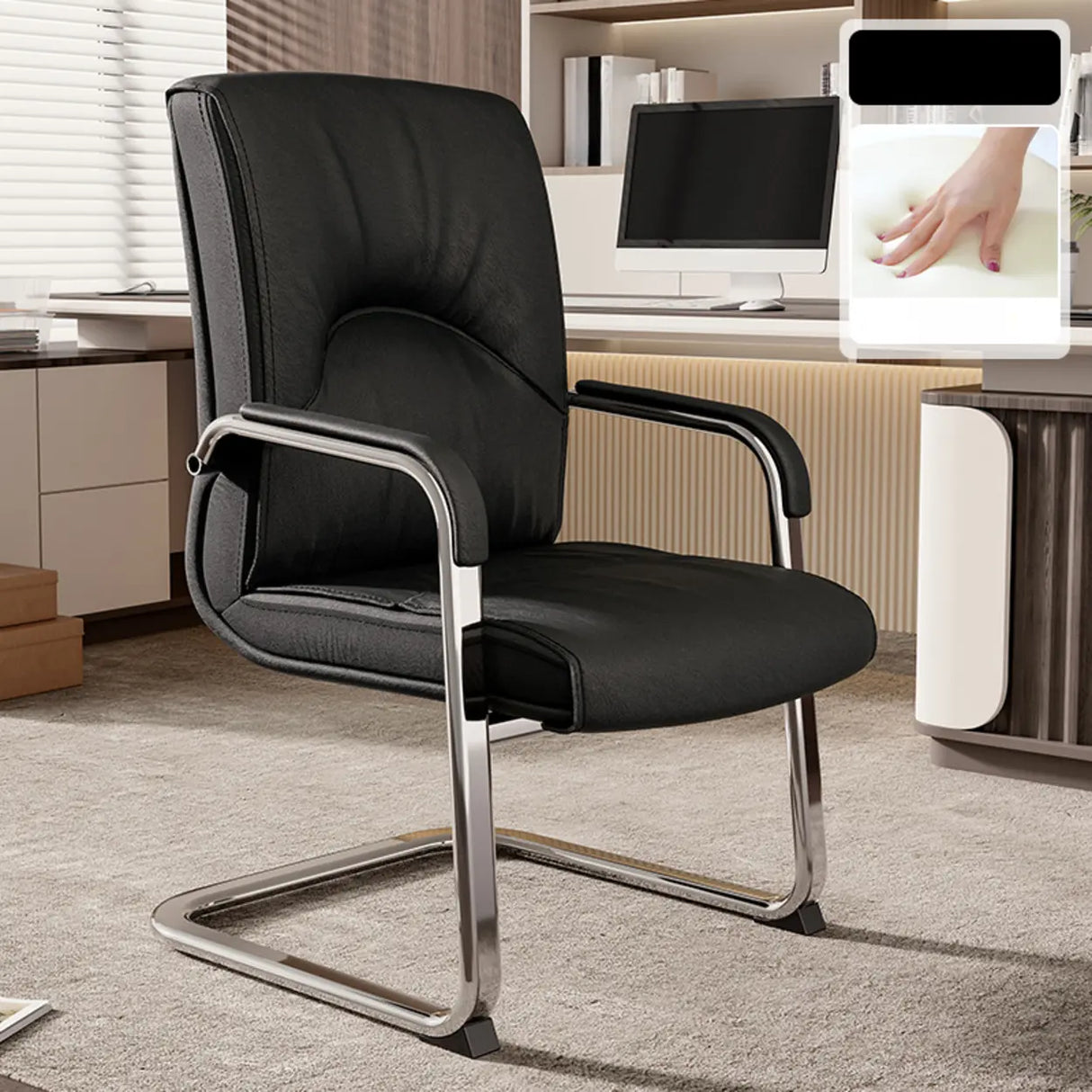 Trendy Calfskin Black Ergonomic Backrest Office Chair Image - 18