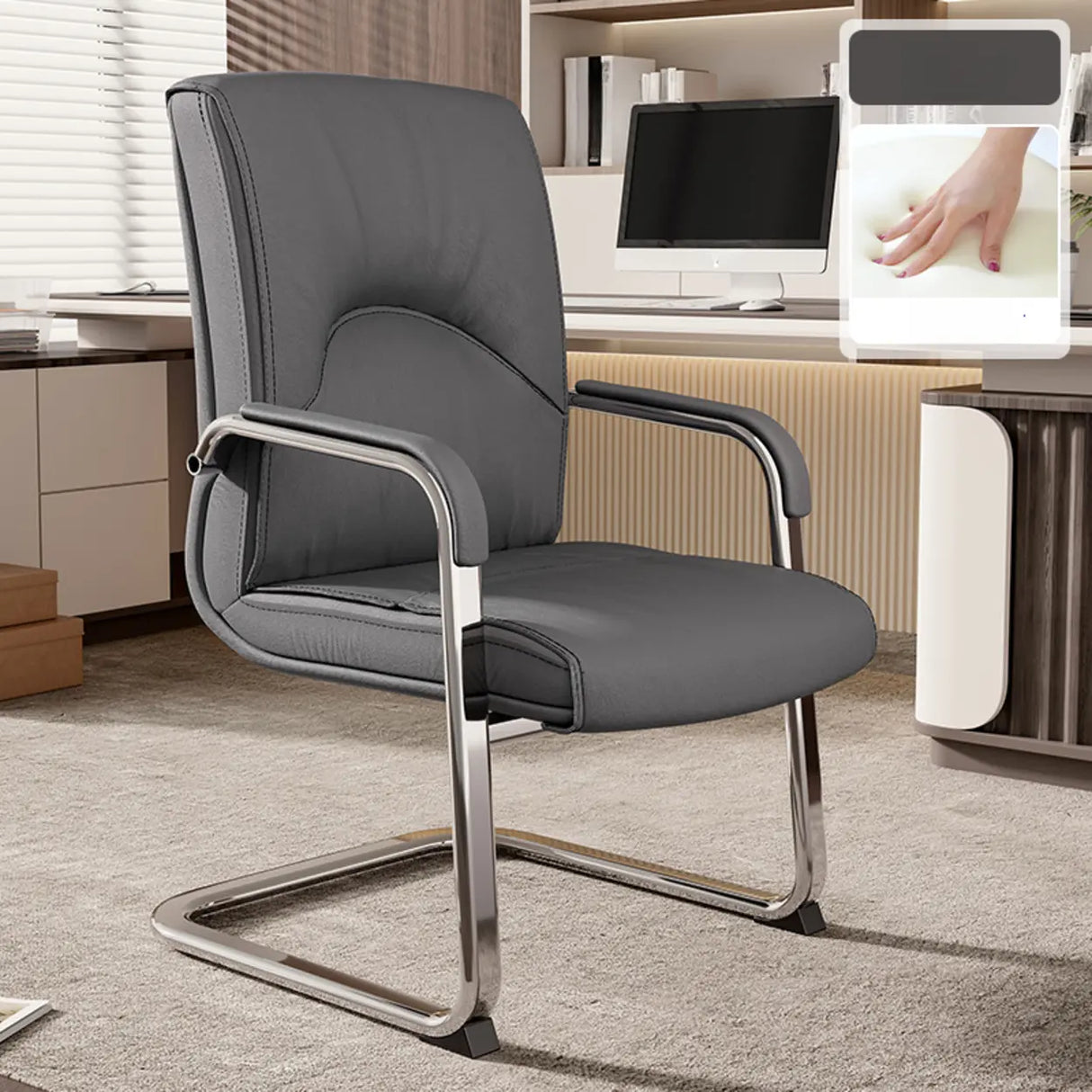 Trendy Calfskin Black Ergonomic Backrest Office Chair Image - 19