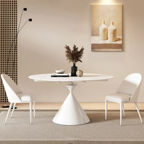 Trendy Circular Chalk White Slate Extendable Dining Table Image - 2