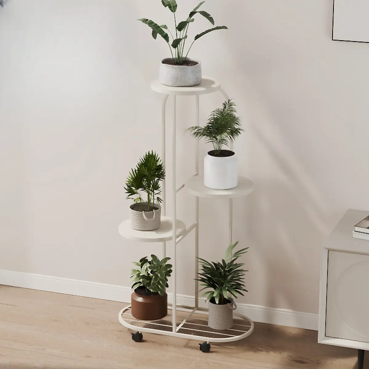 Trendy Curved Multi-Tiered Sliding Plant Stand Cream Image - 4