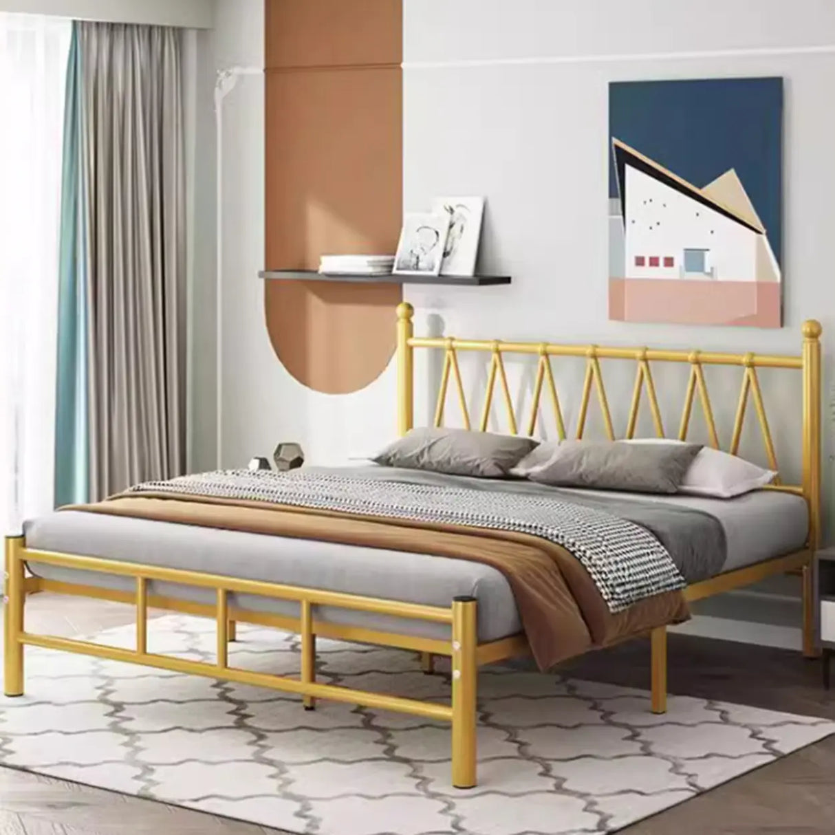 Trendy Gold Queen Open-Frame Metal Bed with Headboard Image - 1