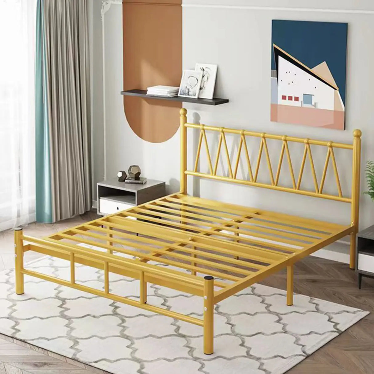 Trendy Gold Queen Open-Frame Metal Bed with Headboard Image - 3