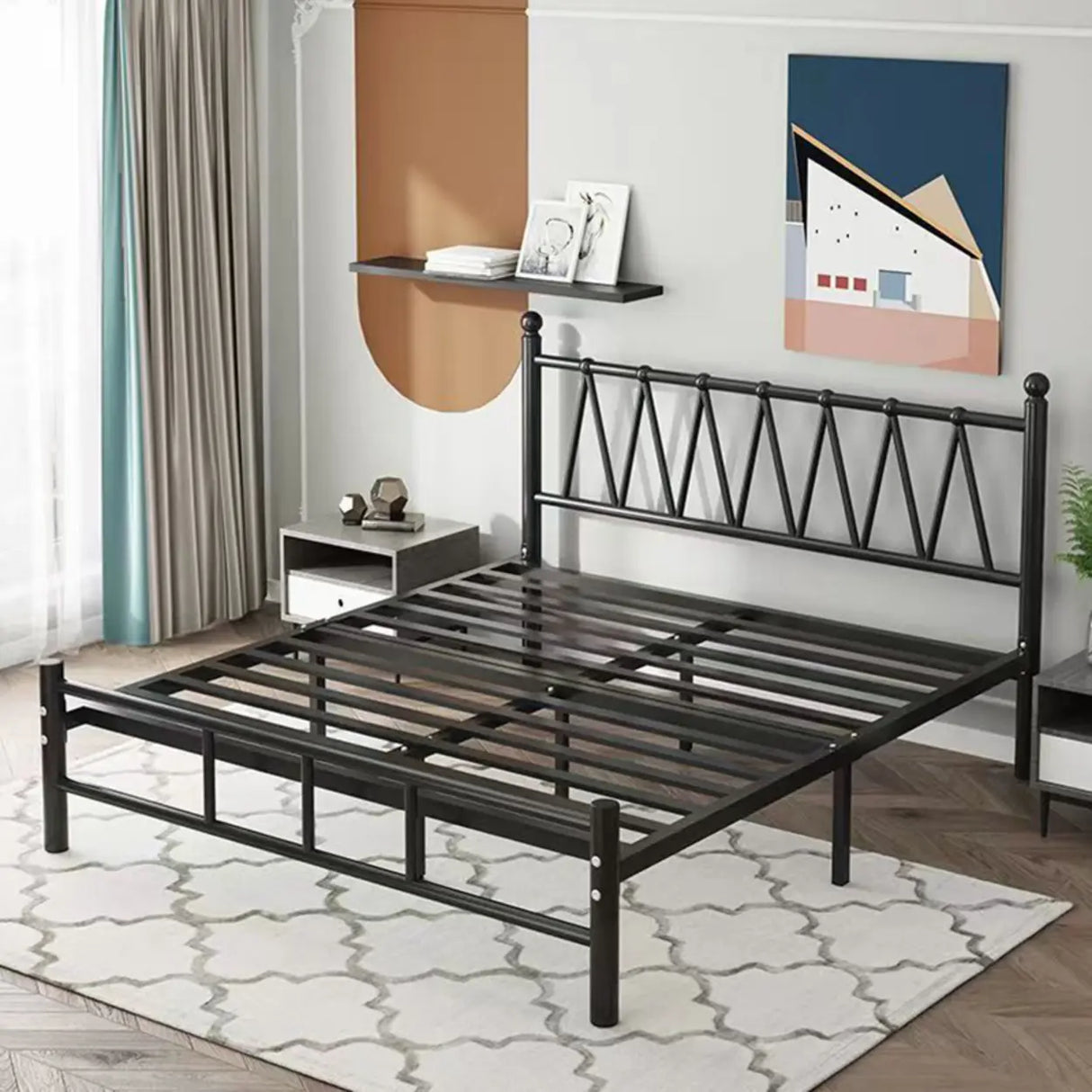 Trendy Gold Queen Open-Frame Metal Bed with Headboard Image - 4