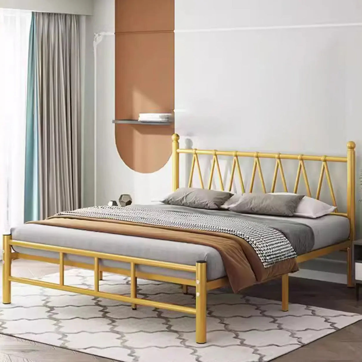 Trendy Gold Queen Open-Frame Metal Bed with Headboard Image - 5