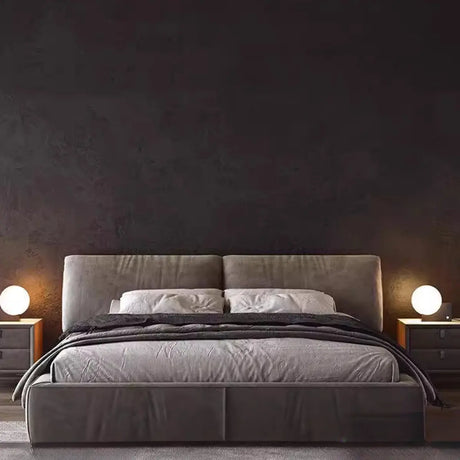 Trendy Grey King Headboard Velvet Upholstered Floor Bed Image - 1