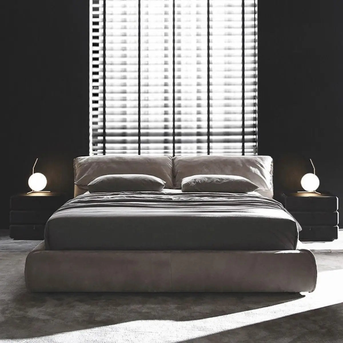 Trendy Grey King Headboard Velvet Upholstered Floor Bed Image - 3