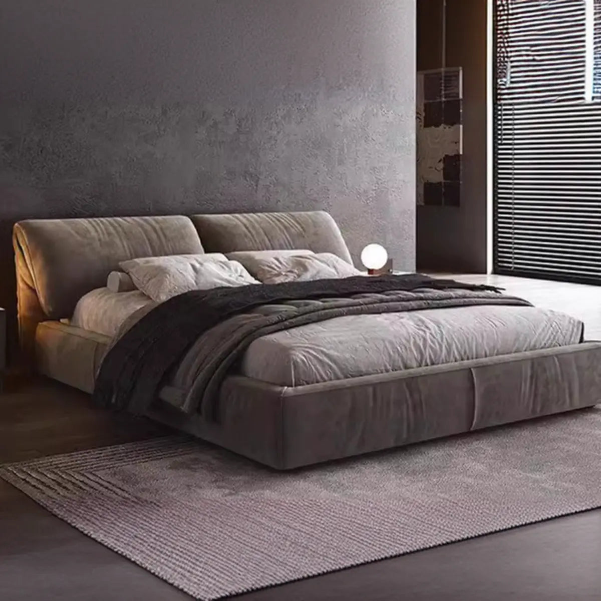 Trendy Grey King Headboard Velvet Upholstered Floor Bed Image - 4