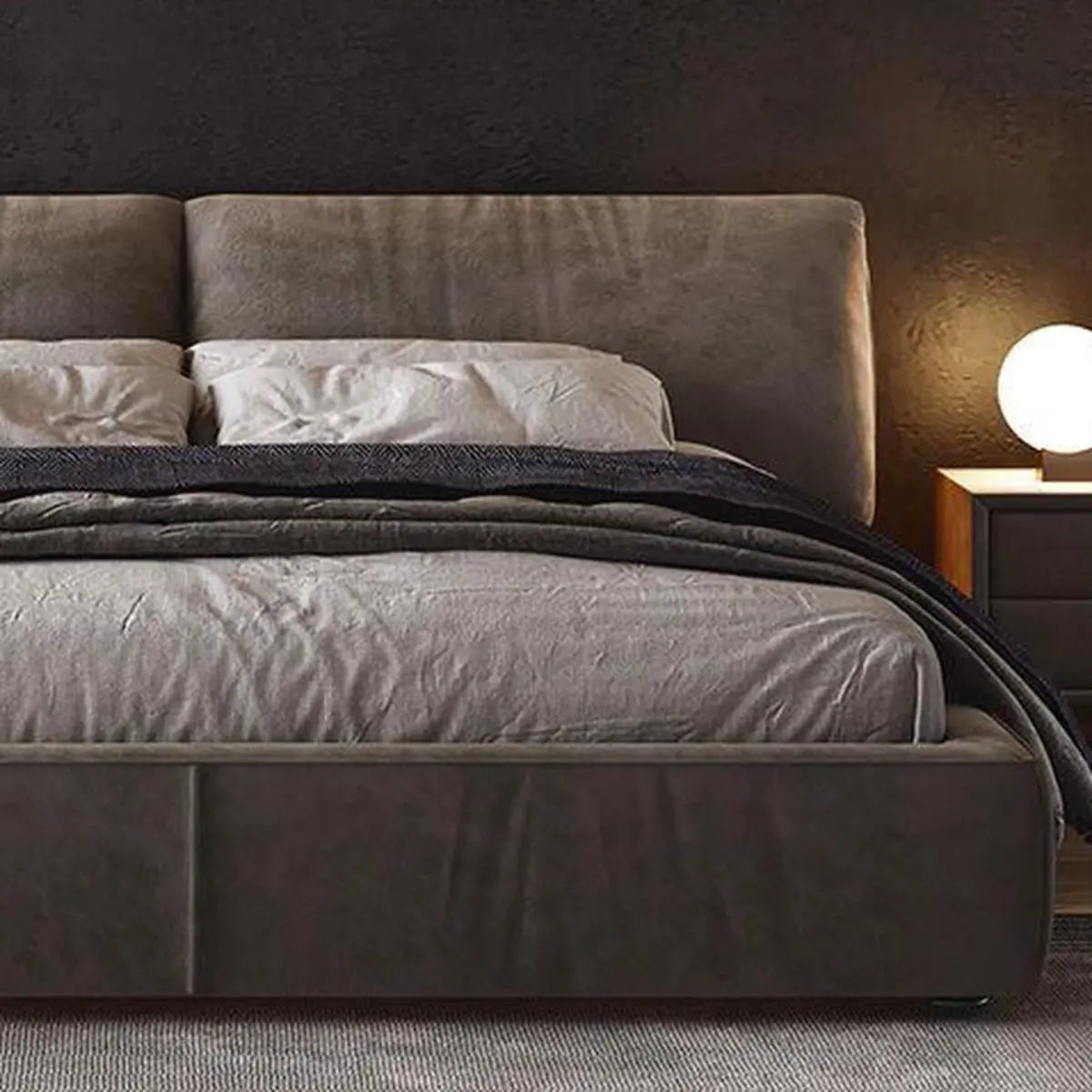 Trendy Grey King Headboard Velvet Upholstered Floor Bed Image - 7
