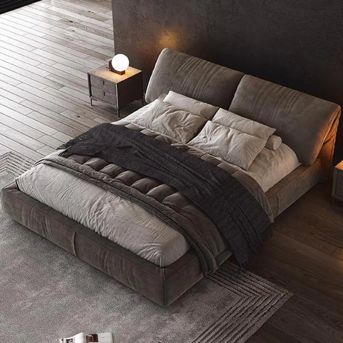 Trendy Grey King Headboard Velvet Upholstered Floor Bed Image - 8