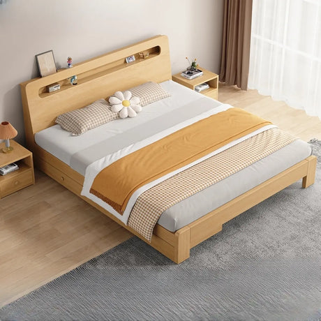 Trendy Natural Queen Headboard Wood Storage Panel Bed Image - 1