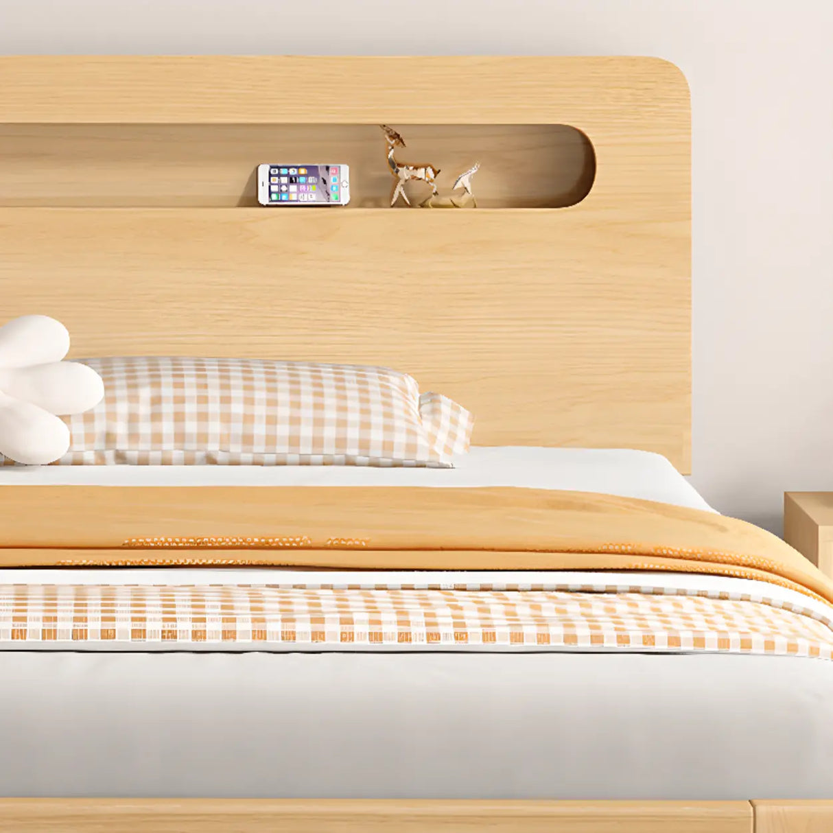 Trendy Natural Queen Headboard Wood Storage Panel Bed Image - 10