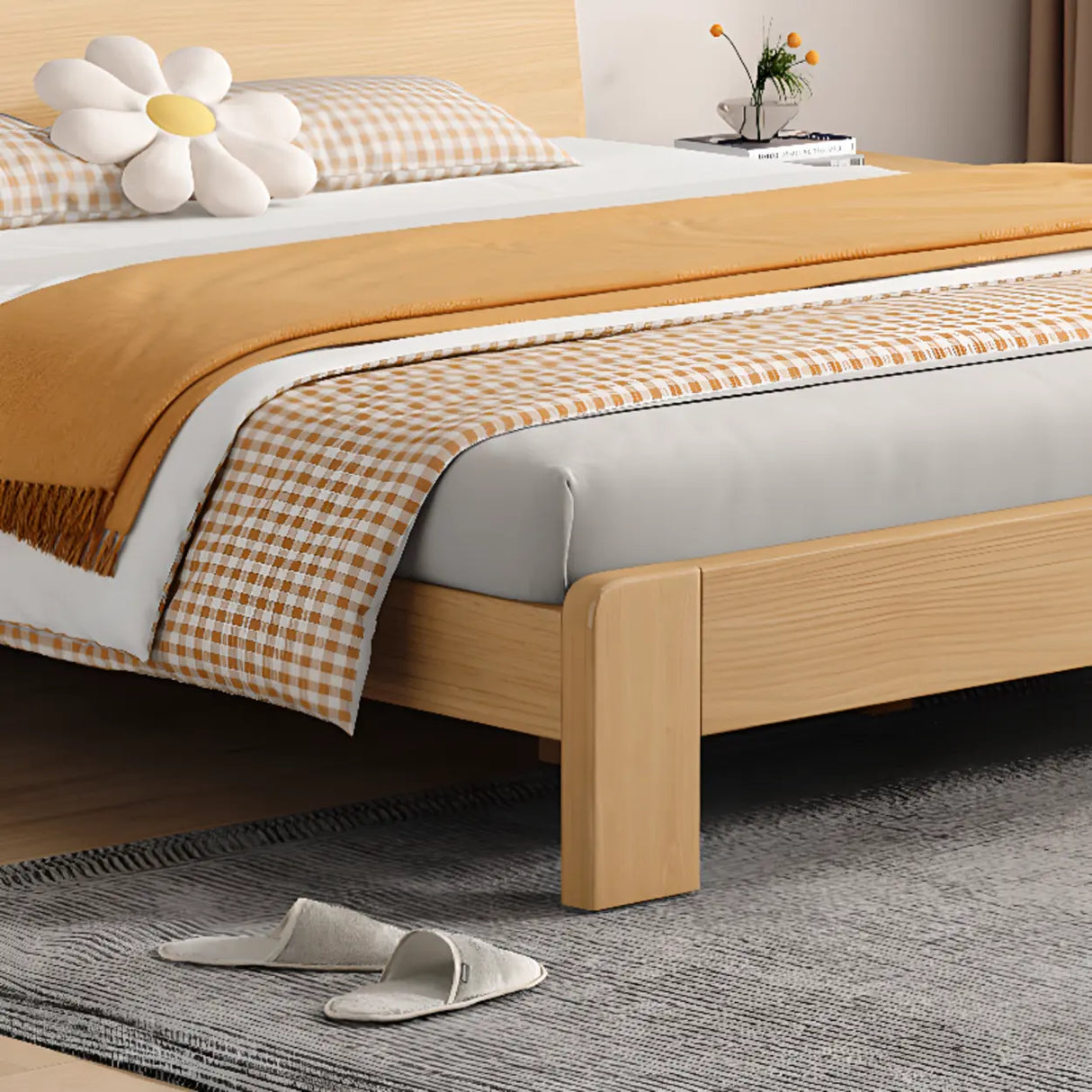 Trendy Natural Queen Headboard Wood Storage Panel Bed Image - 11