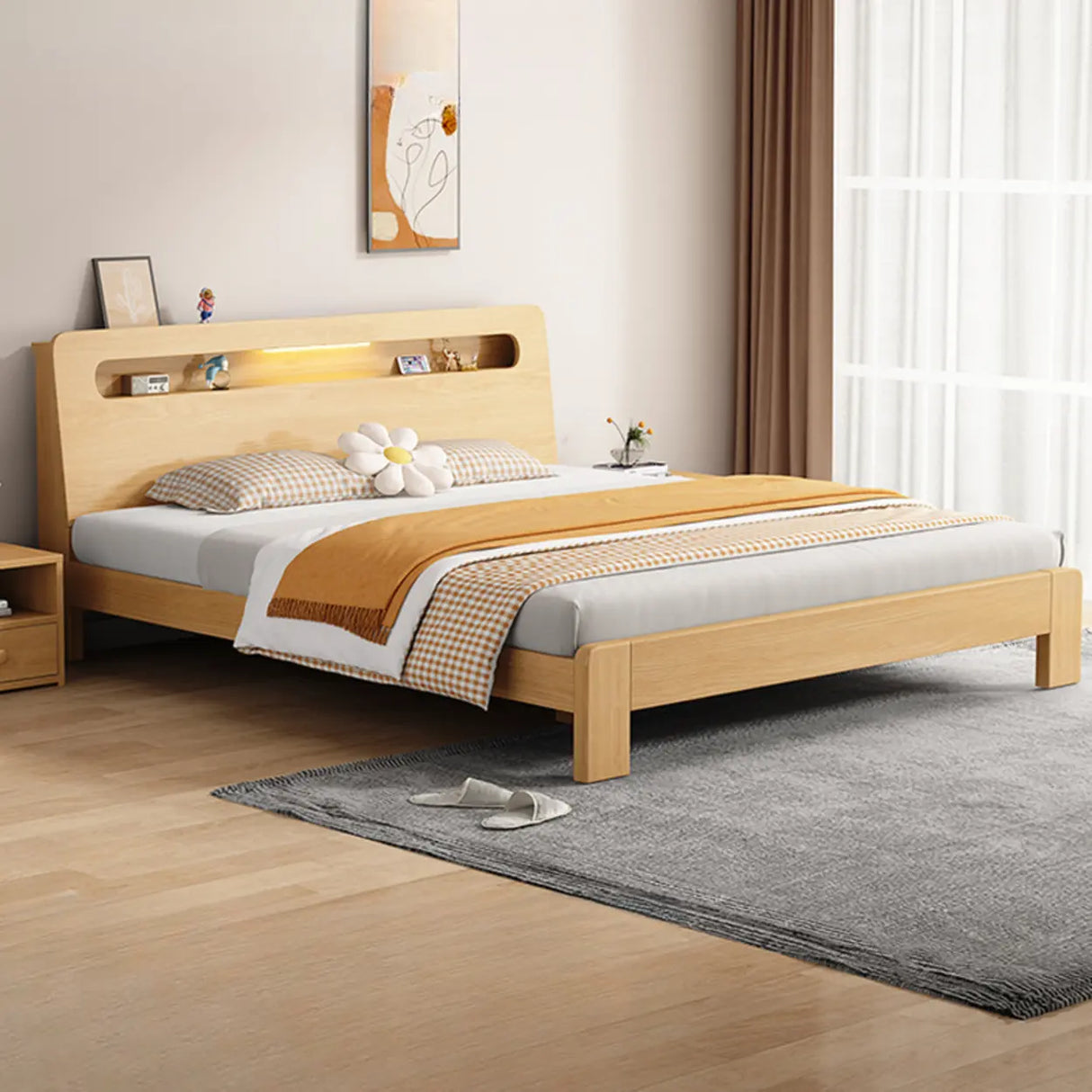 Trendy Natural Queen Headboard Wood Storage Panel Bed Image - 2