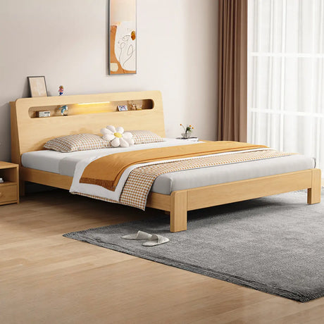 Trendy Natural Queen Headboard Wood Storage Panel Bed Image - 2