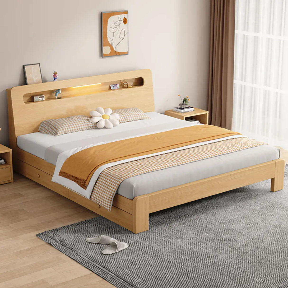 Trendy Natural Queen Headboard Wood Storage Panel Bed Image - 3