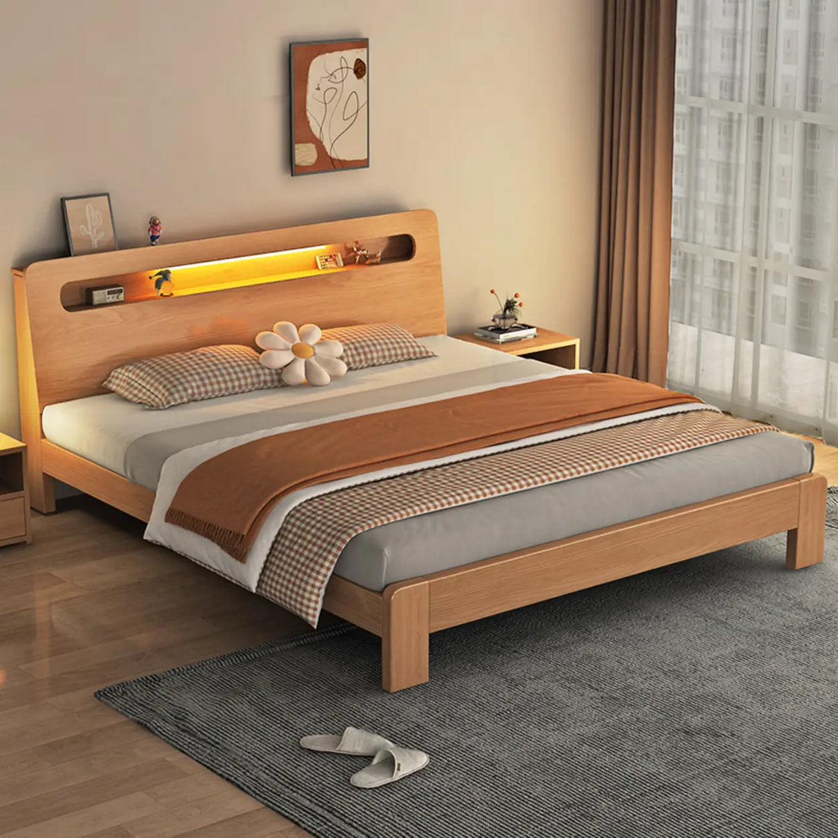 Trendy Natural Queen Headboard Wood Storage Panel Bed Image - 4