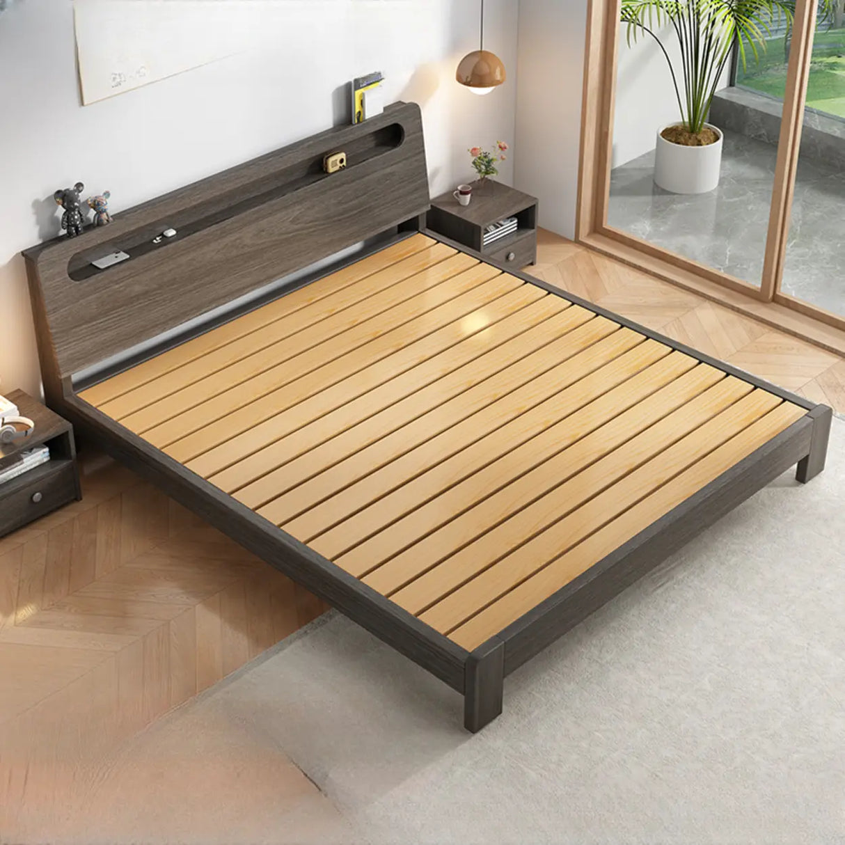 Trendy Natural Queen Headboard Wood Storage Panel Bed Image - 5