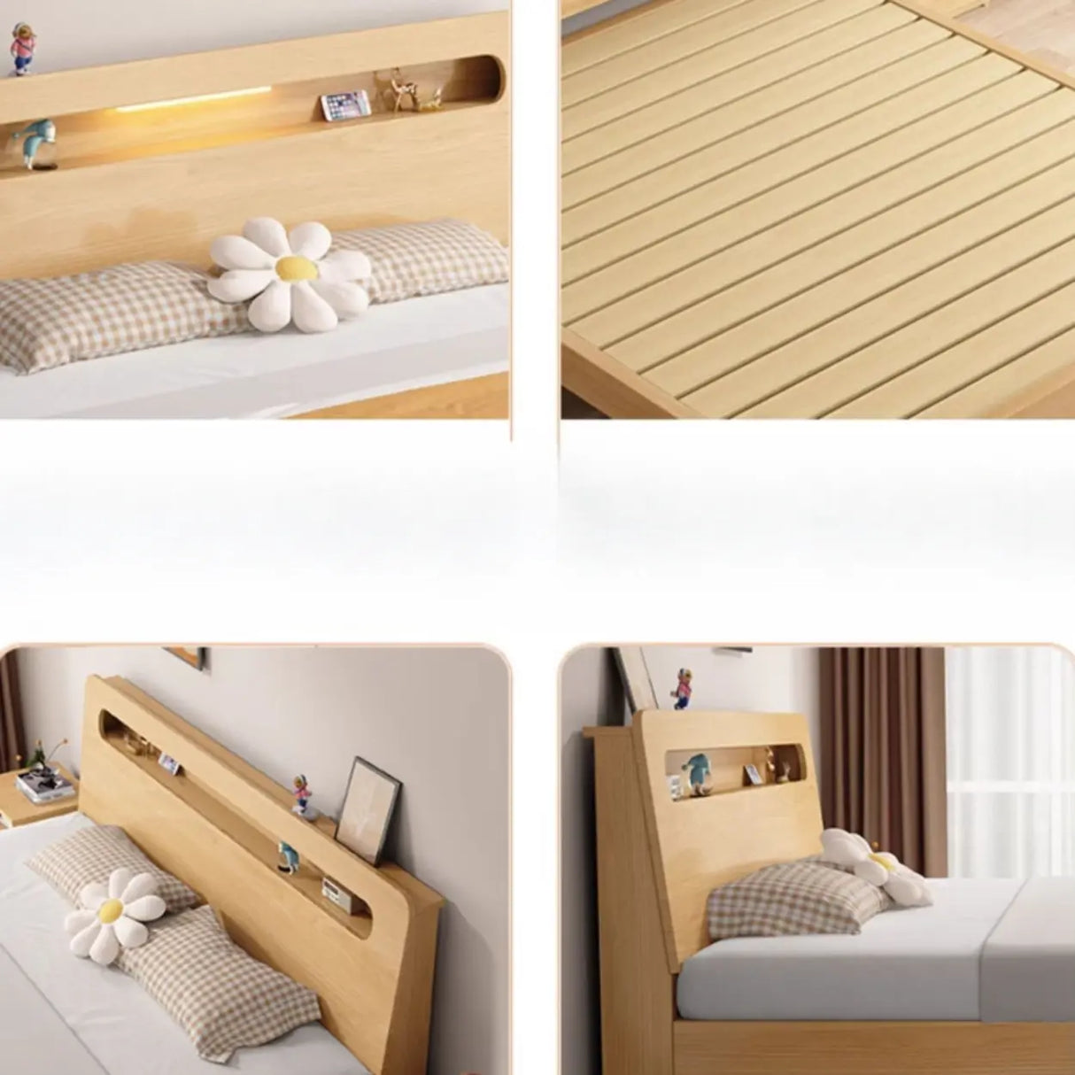 Trendy Natural Queen Headboard Wood Storage Panel Bed Image - 6