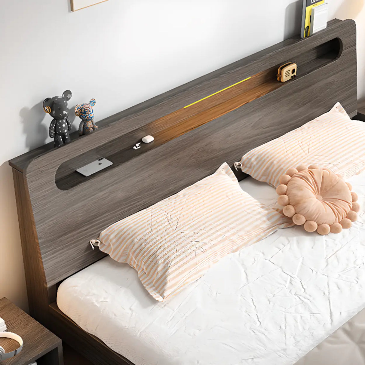 Trendy Natural Queen Headboard Wood Storage Panel Bed Image - 9