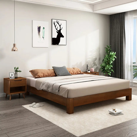 Trendy Nut-Brown Queen Rectangular Wood Frame Panel Bed Image - 1
