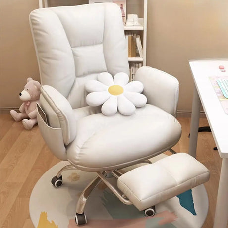 Trendy Off-White Swivel Tilt Leather Footrest Office Chair Image - 1