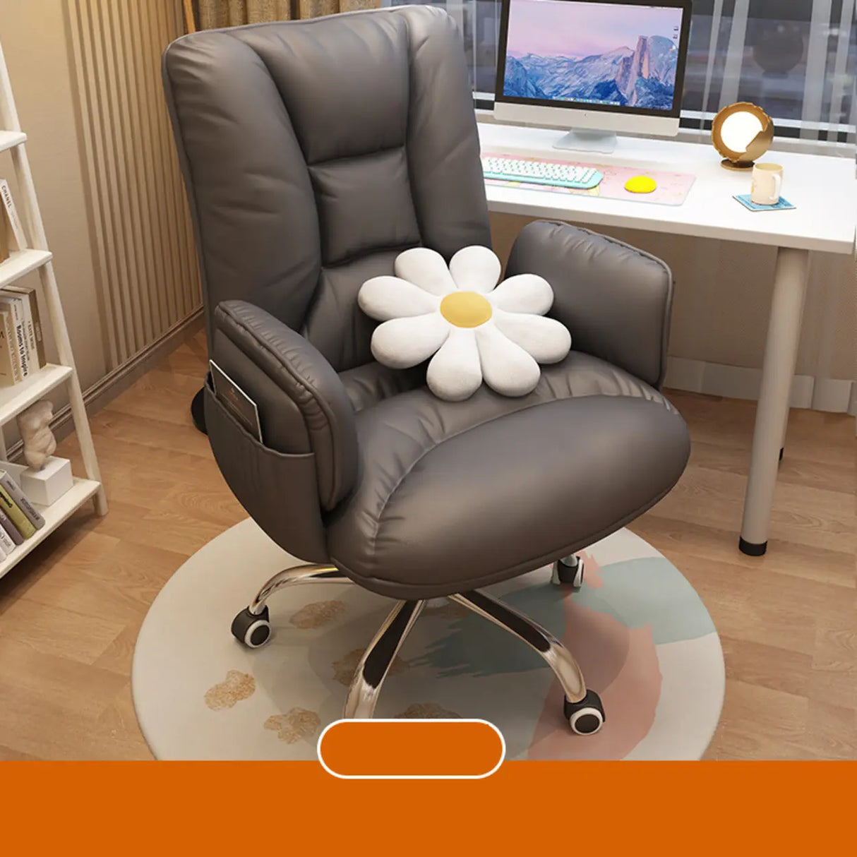 Trendy Off-White Swivel Tilt Leather Footrest Office Chair Image - 11