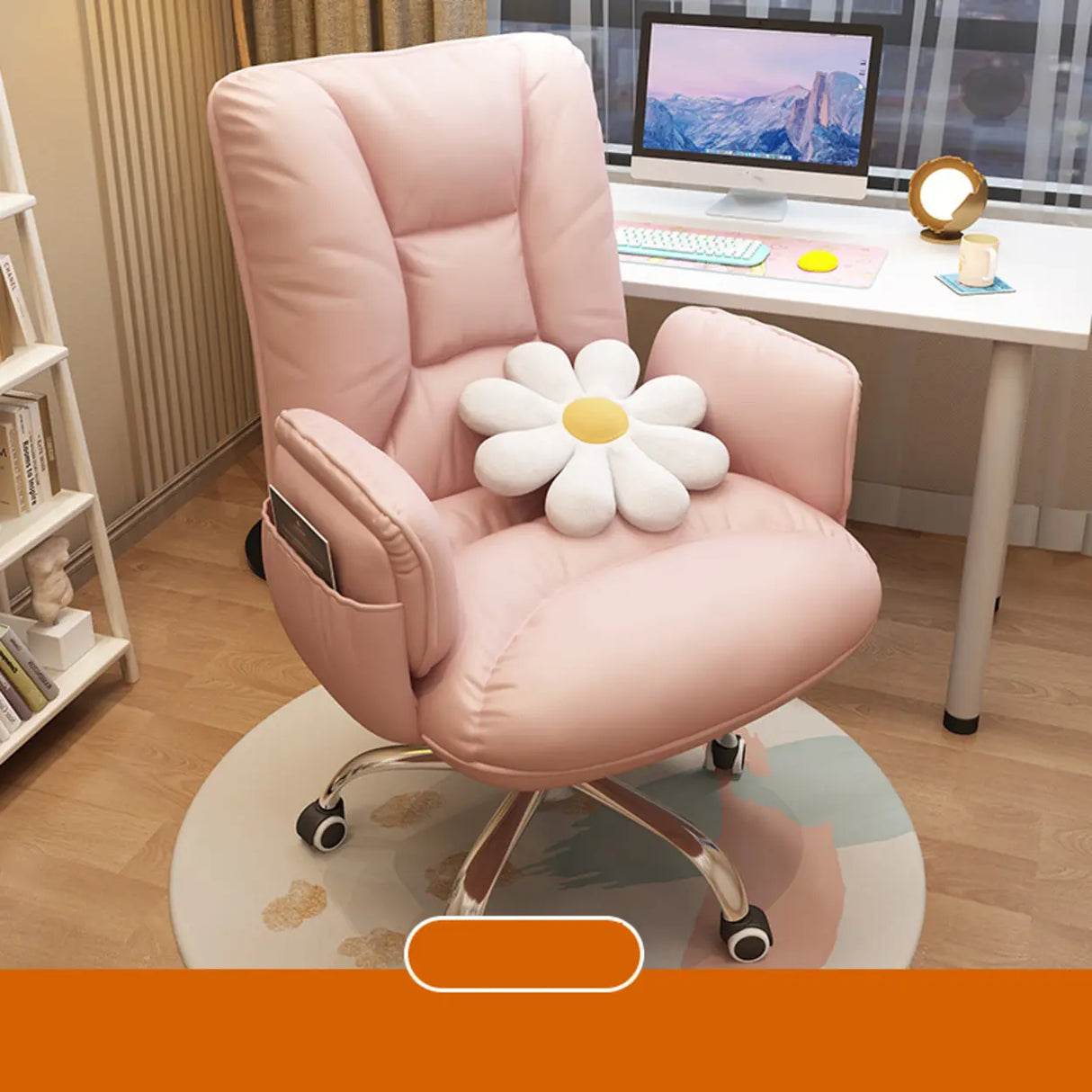 Trendy Off-White Swivel Tilt Leather Footrest Office Chair Image - 13
