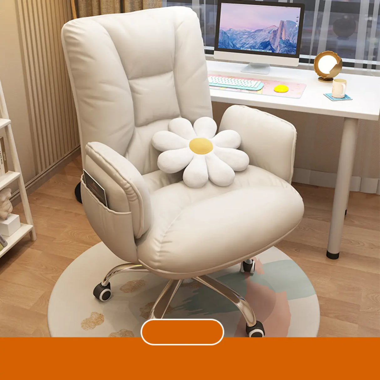 Trendy Off-White Swivel Tilt Leather Footrest Office Chair Image - 15