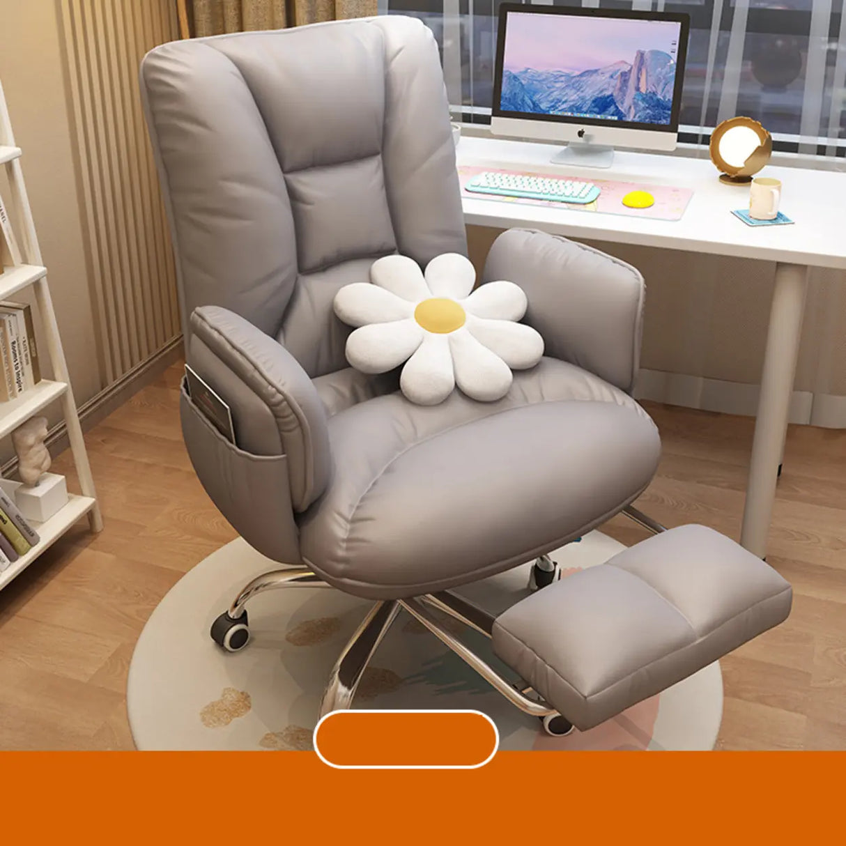 Trendy Off-White Swivel Tilt Leather Footrest Office Chair Image - 2