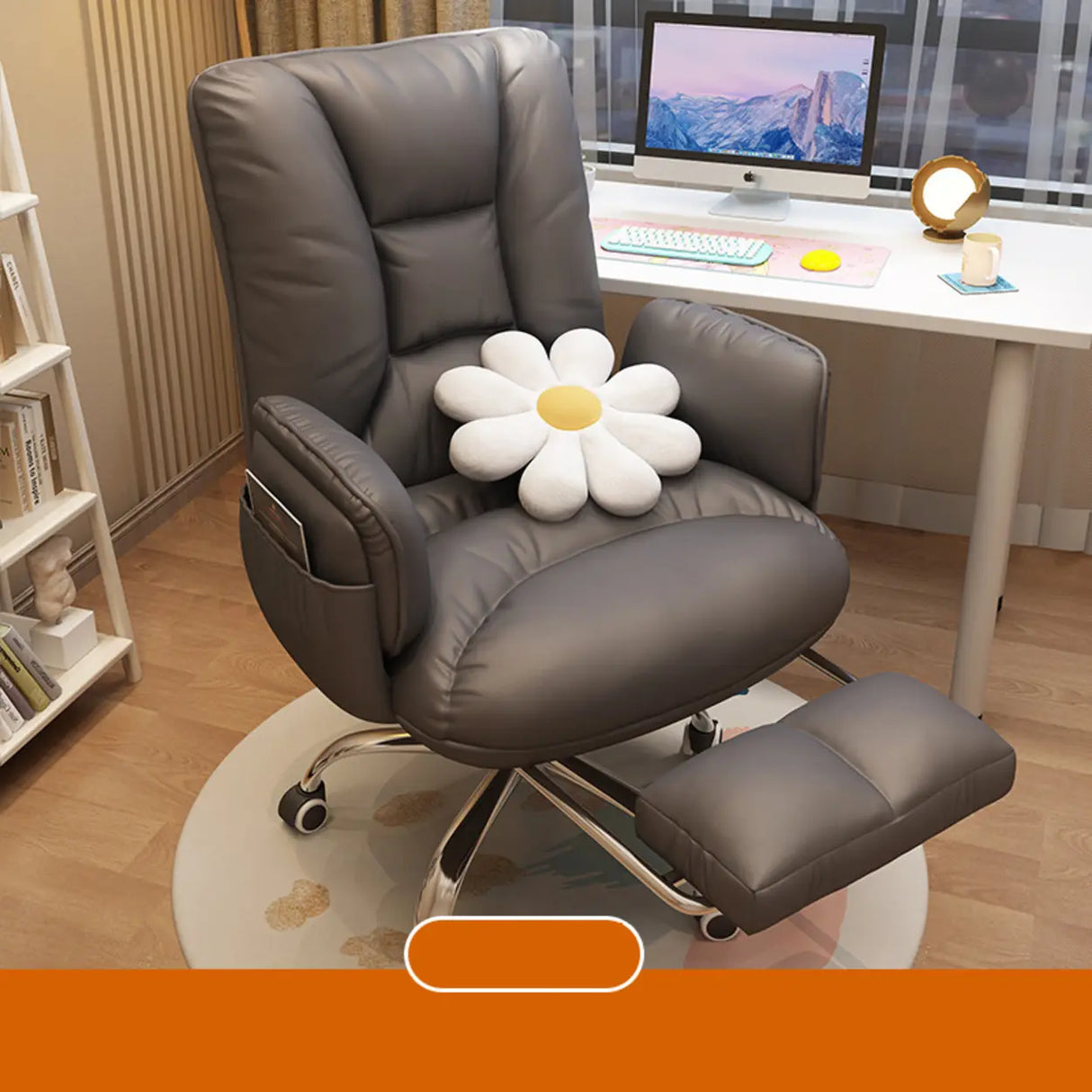 Trendy Off-White Swivel Tilt Leather Footrest Office Chair Image - 3