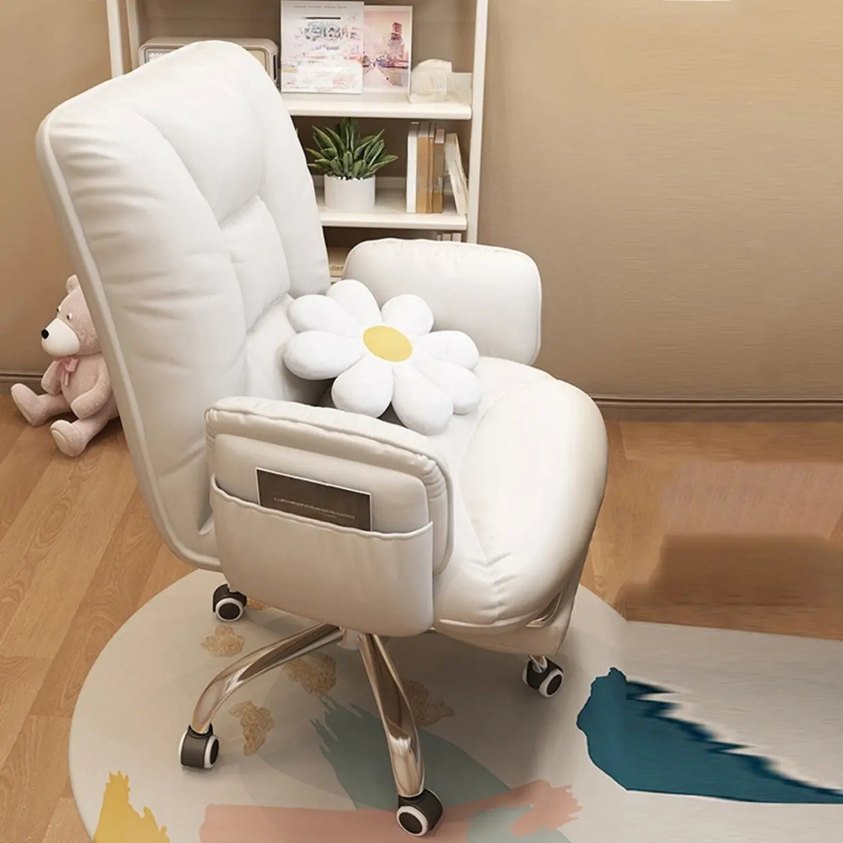 Trendy Off-White Swivel Tilt Leather Footrest Office Chair Image - 4
