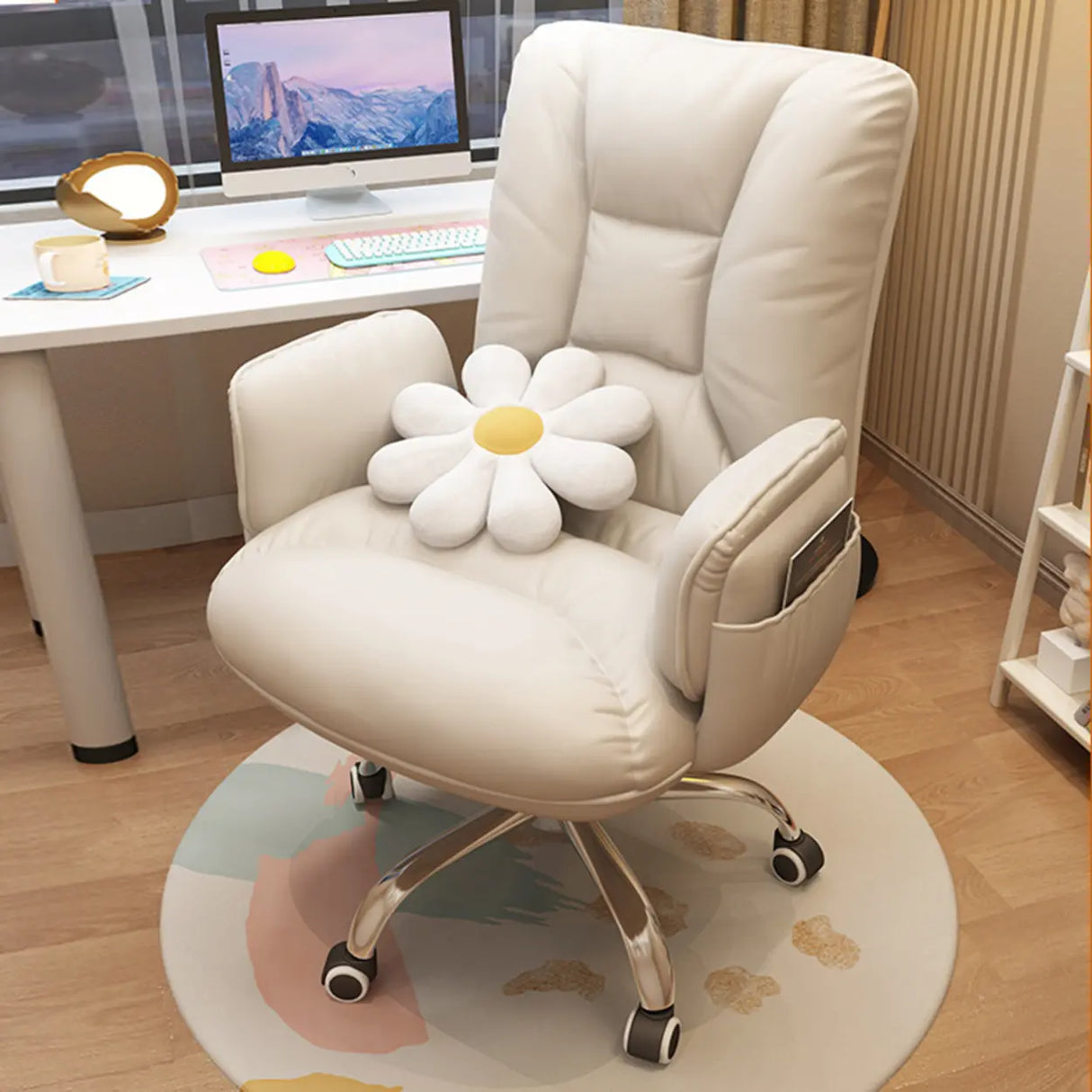 Trendy Off-White Swivel Tilt Leather Footrest Office Chair Image - 5