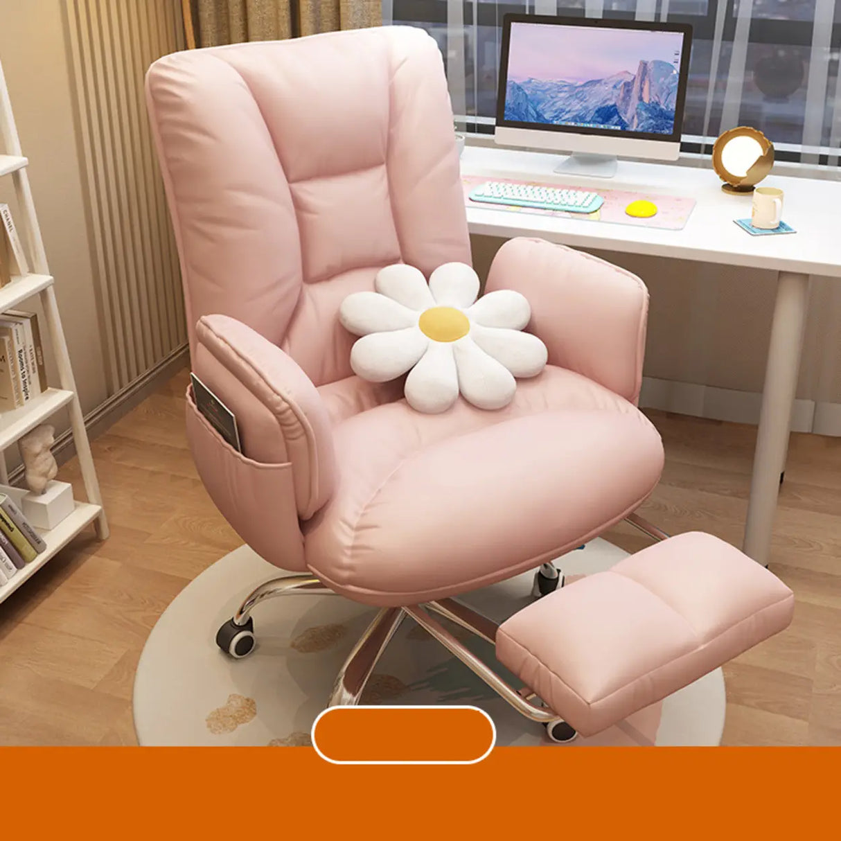 Trendy Off-White Swivel Tilt Leather Footrest Office Chair Image - 6