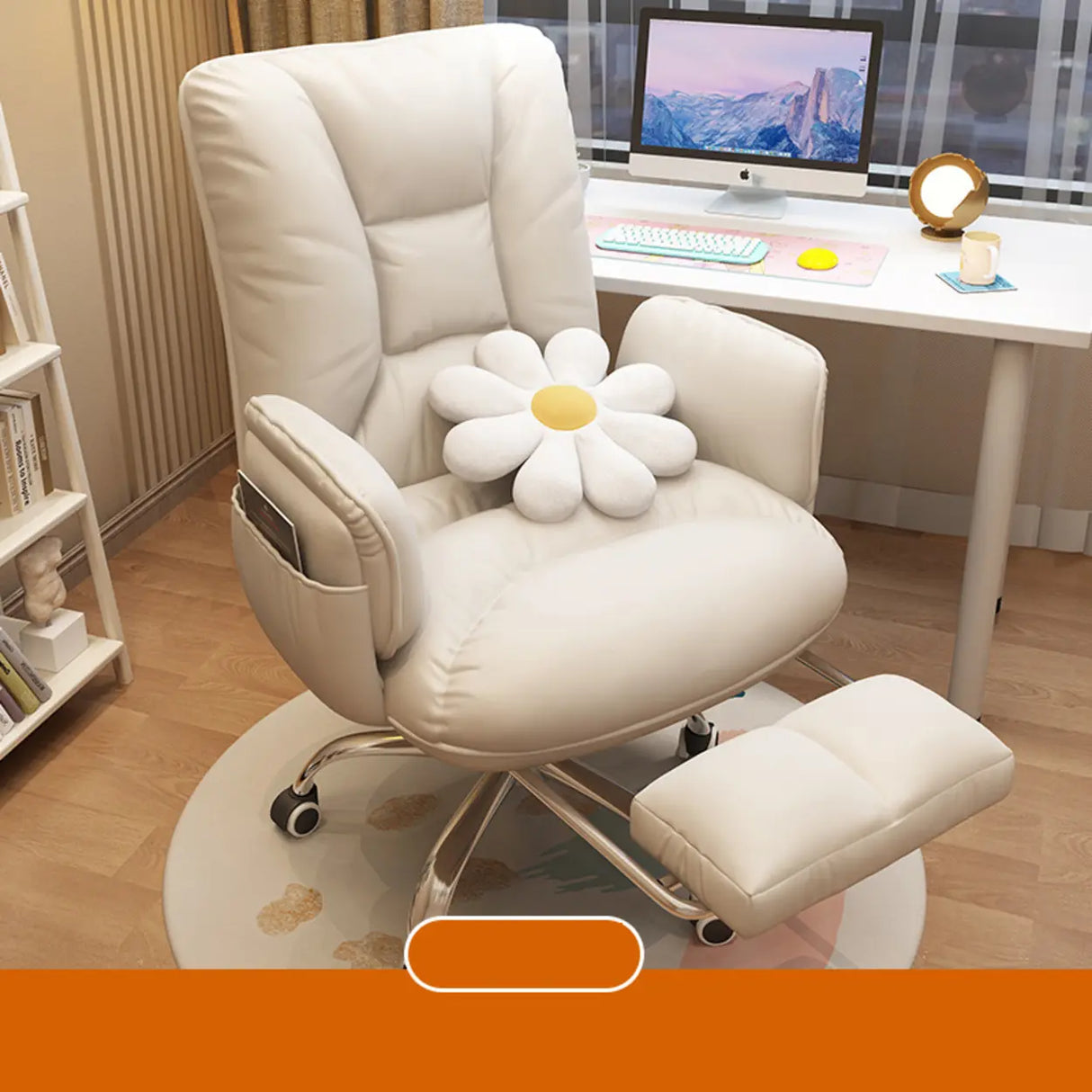 Trendy Off-White Swivel Tilt Leather Footrest Office Chair Image - 7