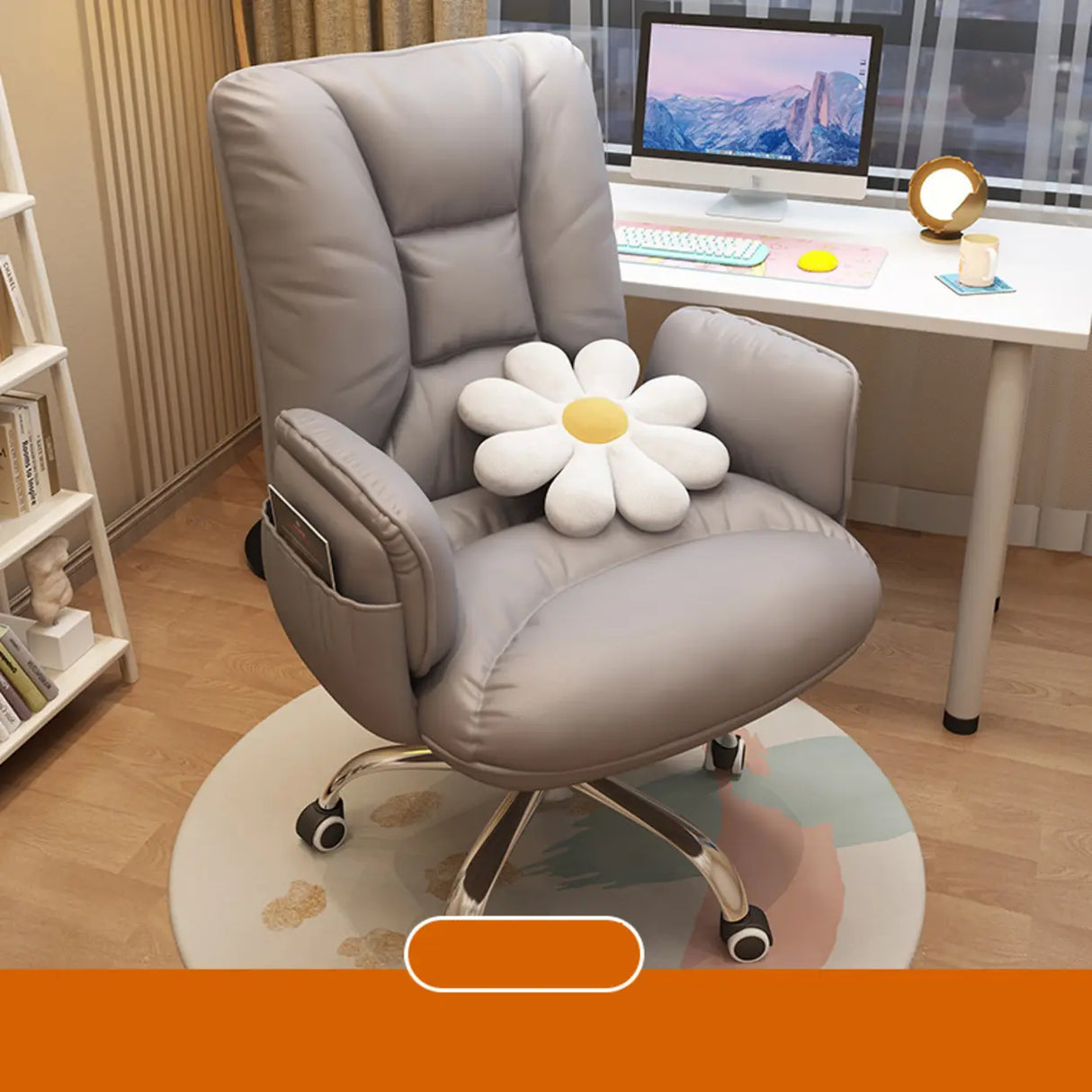 Trendy Off-White Swivel Tilt Leather Footrest Office Chair Image - 9