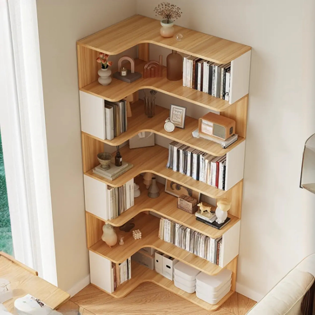 Trendy Open Back Wooden Corner Storage Bookcase Medium Image - 1