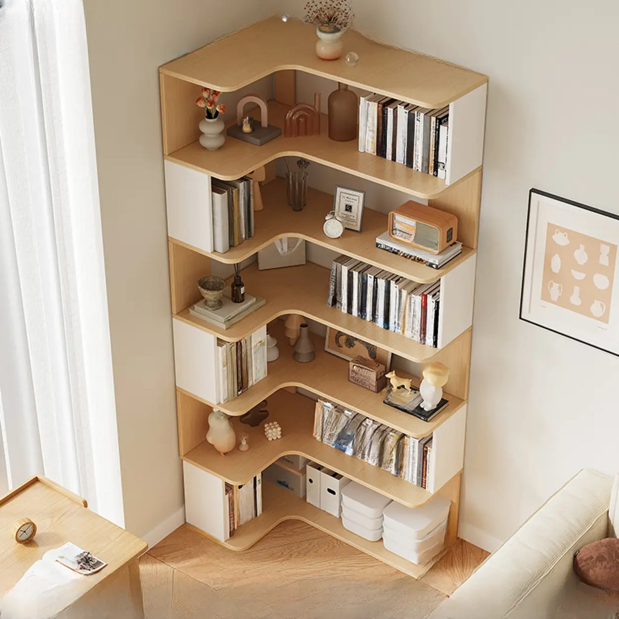 Trendy Open Back Wooden Corner Storage Bookcase Medium Image - 11